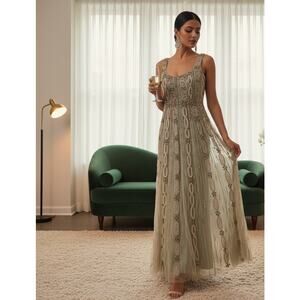 Mac Duggal Nude Sage Beaded Midi Gown – Size 2 – NWT – Zip Closure